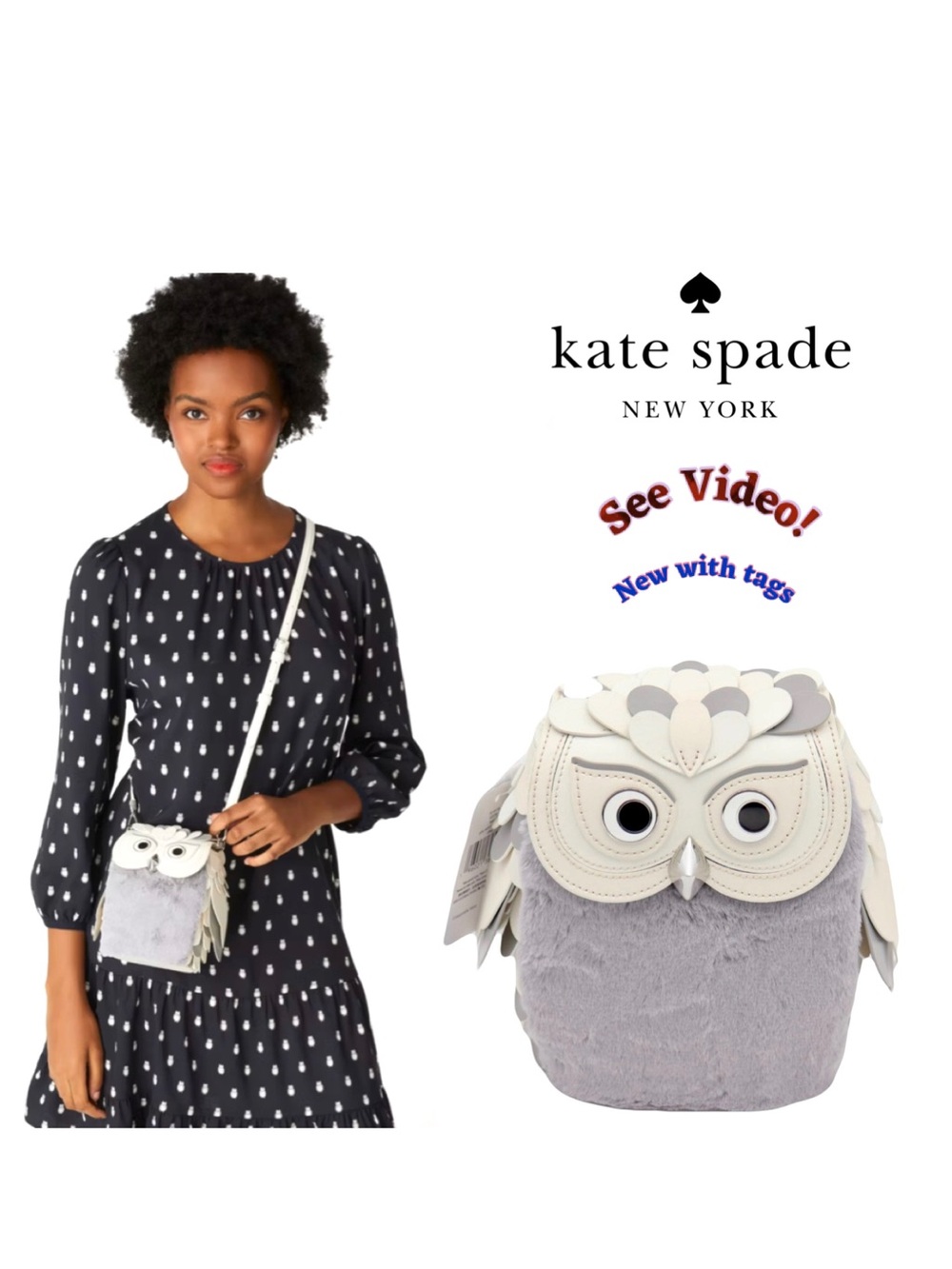 🦉NWT Kate Spade Hoot Gray 3D Owl Plush Crossbody Bag MSRP $429🦉